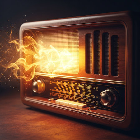 Retro radio on wooden table with fire effect. Music concept.の素材
