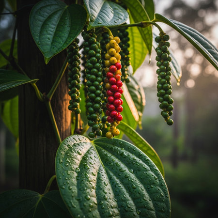 Green and red pepper on the tree in the morning, Thailand.の素材