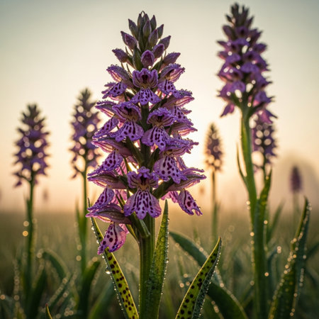 Wild orchids (Dactylorhiza maculata) at sunsetの素材