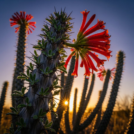 Cactuses in the Arizona desert at sunset with a red flowerの素材