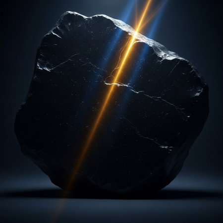 Glowing beam of light on a black stone. 3d renderingの素材