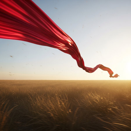Red cloth flying in the air over a wheat field. 3d renderの素材