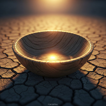 Wooden bowl on dry cracked earth background. 3d rendering.の素材