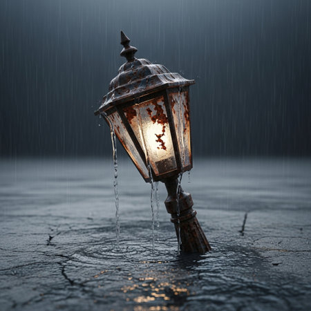 3d rendering of an old lantern under the rain in a dark roomの素材