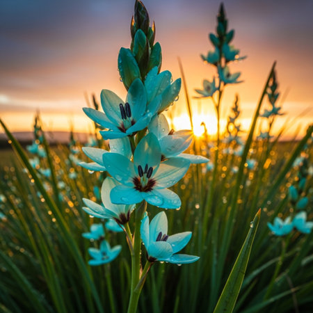 Beautiful blue lily flowers in the meadow at sunset.の素材