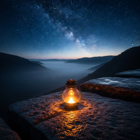 Lantern on the top of a mountain at night. Starry sky in the background.の素材