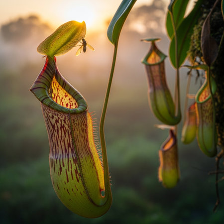 Carnivorous pitcher plants or monkey cups in the garden at sunsetの素材