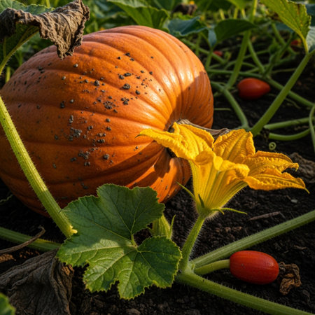 Pumpkin growing in a vegetable garden. Autumn harvest of pumpkins.の素材