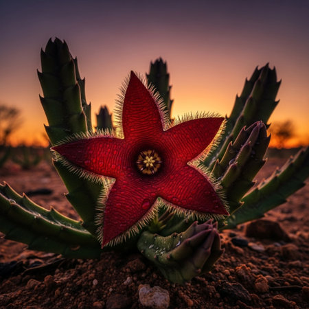 Cactus with red flower at sunset in the desert of Arizona.の素材