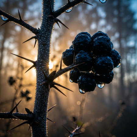Frozen blackberries on a branch in the forest at sunrise.の素材