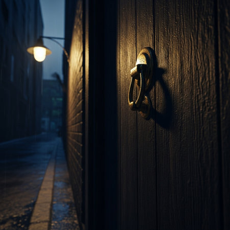 Old wooden door with iron handle and lanterns in the night.の素材