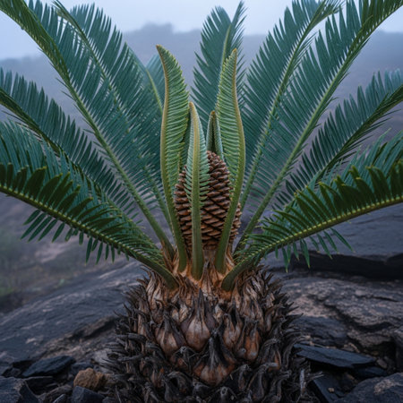 Coconut palm tree growing on volcanic soil, Bali island, Indonesiaの素材