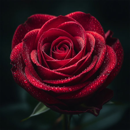 Beautiful red rose with dew drops on petals on dark backgroundの素材