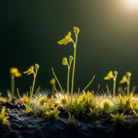 Close up of small green moss growing in the ground at sunrise.の素材