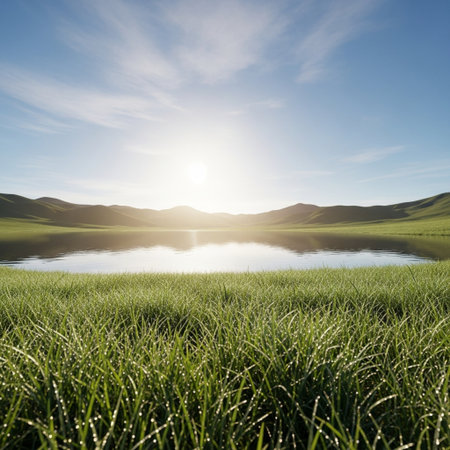 Beautiful landscape with grass and lake at sunset, 3d renderの素材