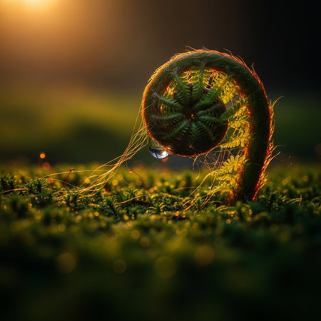 Fern leaf with dew drops on the green grass at sunsetの素材