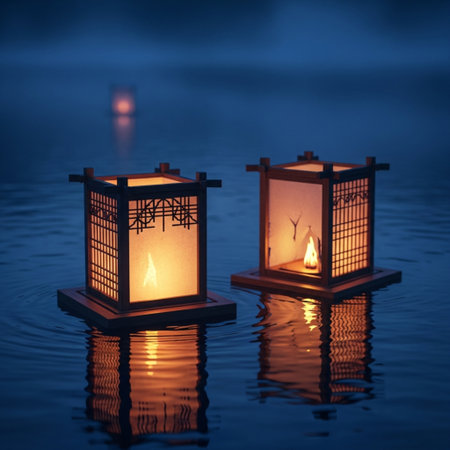 Lanterns in the sea at night with reflection in waterの素材