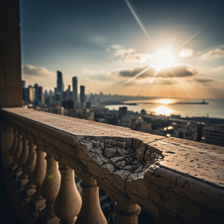 Brick balcony on the background of the city skyline and the sunの素材