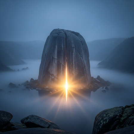 Foggy sunrise in the mountains. Stones on the shore.の素材