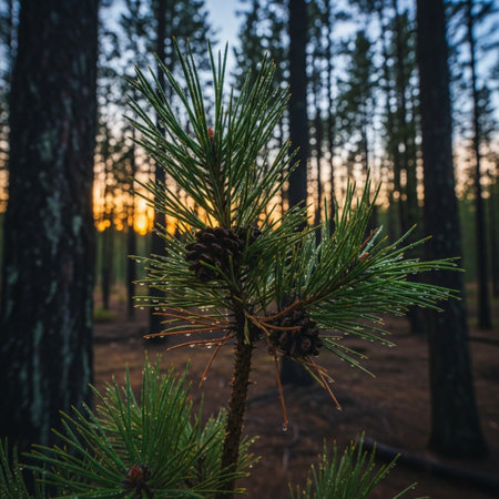 Pine tree in the forest at sunset. Beautiful natural background.の素材