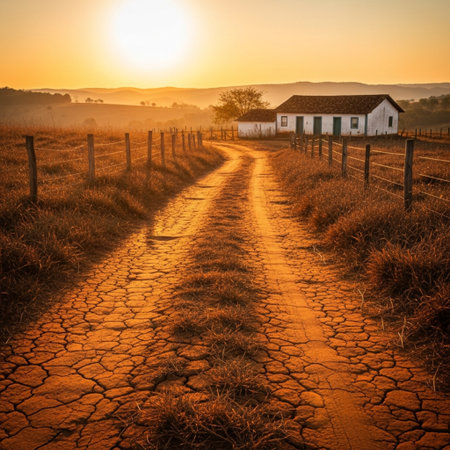 Sunrise over a dirt road leading to a farmhouse in the countrysideの素材