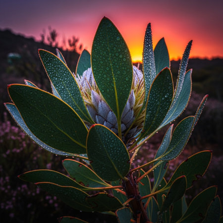 Protea flower with dew drops at sunset, South Africaの素材