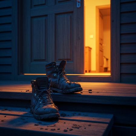 A pair of hiking boots on the porch of the house at nightの素材