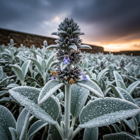 Sunset on a field of salvia officinalis with blue flowersの素材