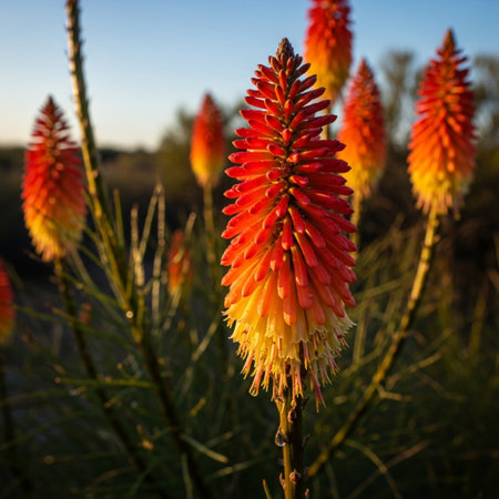 Aloe vera flowers in bloom in the field at sunset.の素材