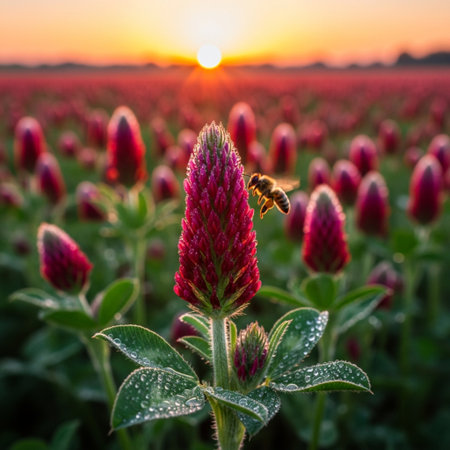 Bee on a red clover flower in a field at sunset.の素材