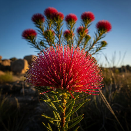 native Australian red bottlebrush plant with bright red flowers in a fieldの素材