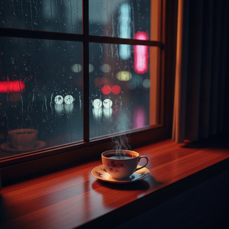 Cup of coffee on the windowsill at night in the cityの素材