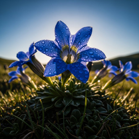 Gentian flowers with dew drops in the morning light.の素材