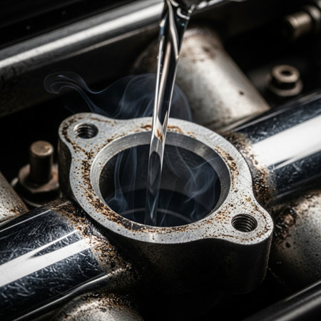 close up of a car engine cooling system cooling system with hot steamの素材