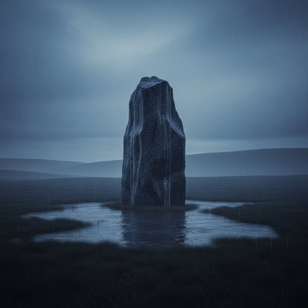 Mysterious stone standing on a meadow in the mist.の素材