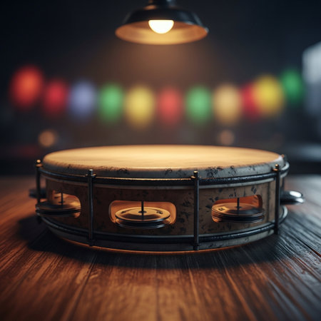 Tambourine on a wooden table in front of a blurred backgroundの素材