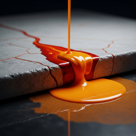 Honey dripping from a paint roller on a gray concrete surface.の素材