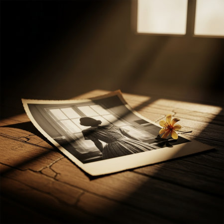 Photo of a man holding a flower on a wooden background with sunlightの素材
