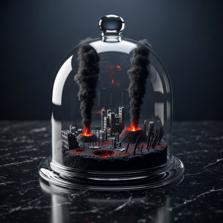 Conceptual image of burning buildings in a glass dome on a dark backgroundの素材