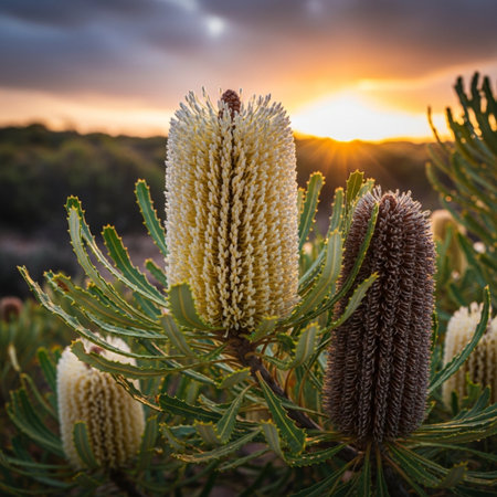 Beautiful closeup view of a beautiful blooming Australian pine tree (Euphorbia pulcherrima) in the sunset.の素材