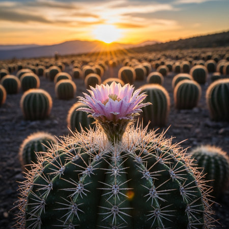 Beautiful cactus with pink flower in the desert at sunset.の素材