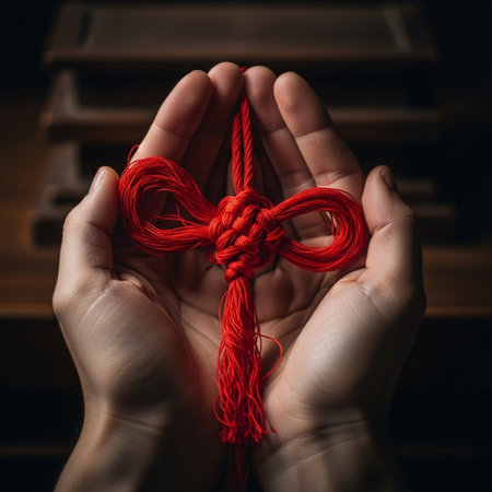Hands holding a red rope tied with a knot on a dark backgroundの素材