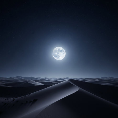 Desert dunes and full moon at night, 3d renderingの素材
