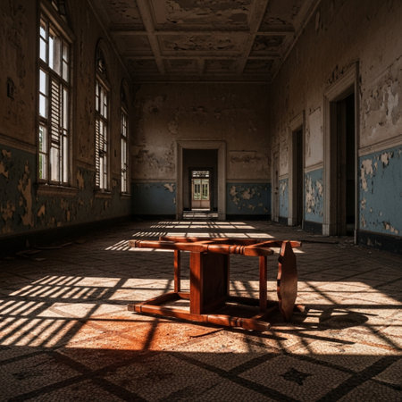 Interior of an abandoned house with wooden table and chairs in sunlightの素材
