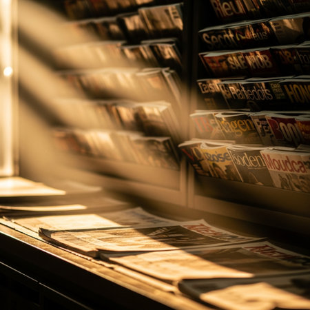 Vintage magazines on display in a shop window. Selective focus.の素材