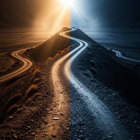 Road in the desert with sun and blue sky. 3d renderingの素材