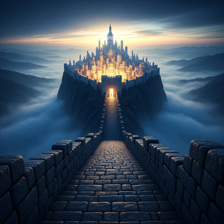 Fantasy landscape with castle and stairway to heaven. 3D renderingの素材