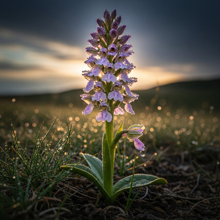 Beautiful blooming meadow orchid in the morning light.の素材
