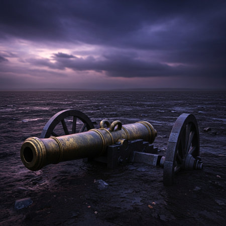 Old cannon on the beach at sunset, 3d render illustration.の素材