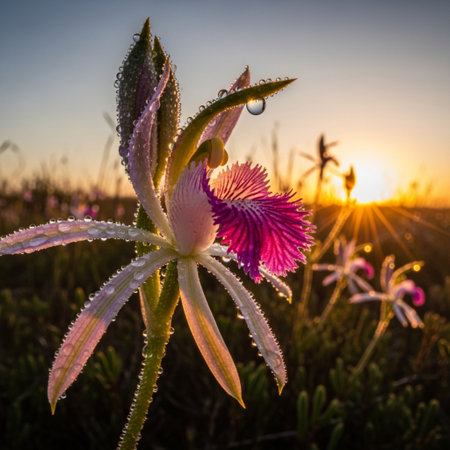Wild orchids blooming in the meadow at sunrise.の素材